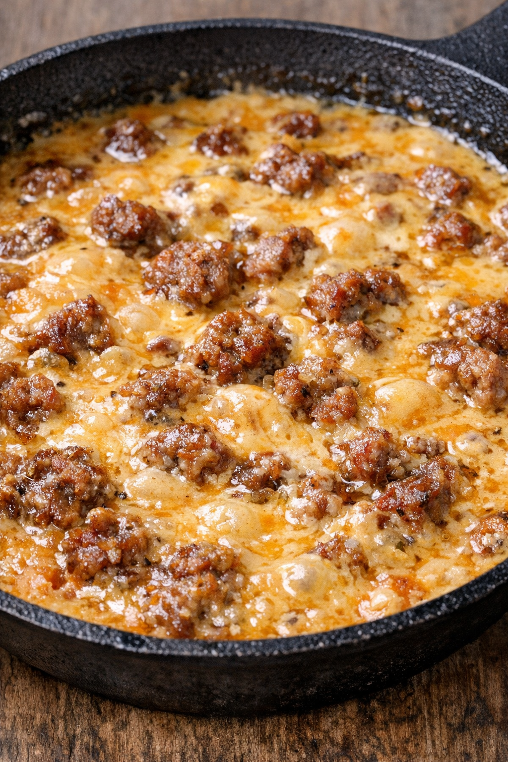 Southern 3-ingredient sausage queso dip in a cast iron skillet