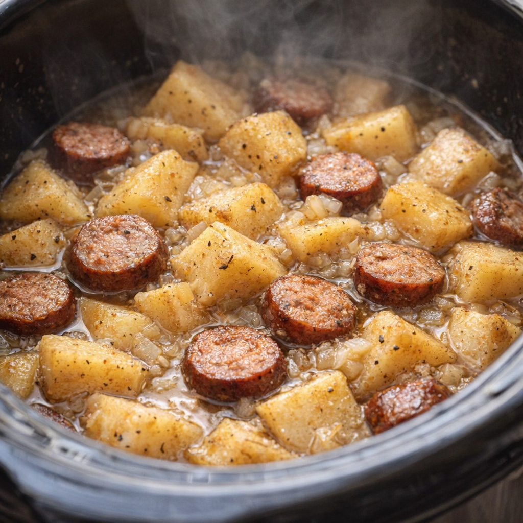 Cooked sausage and potatoes in slow cooker with glossy broth
