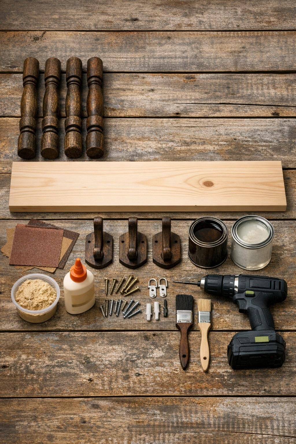 Materials laid out for a rustic coat rack made from chair spindles
