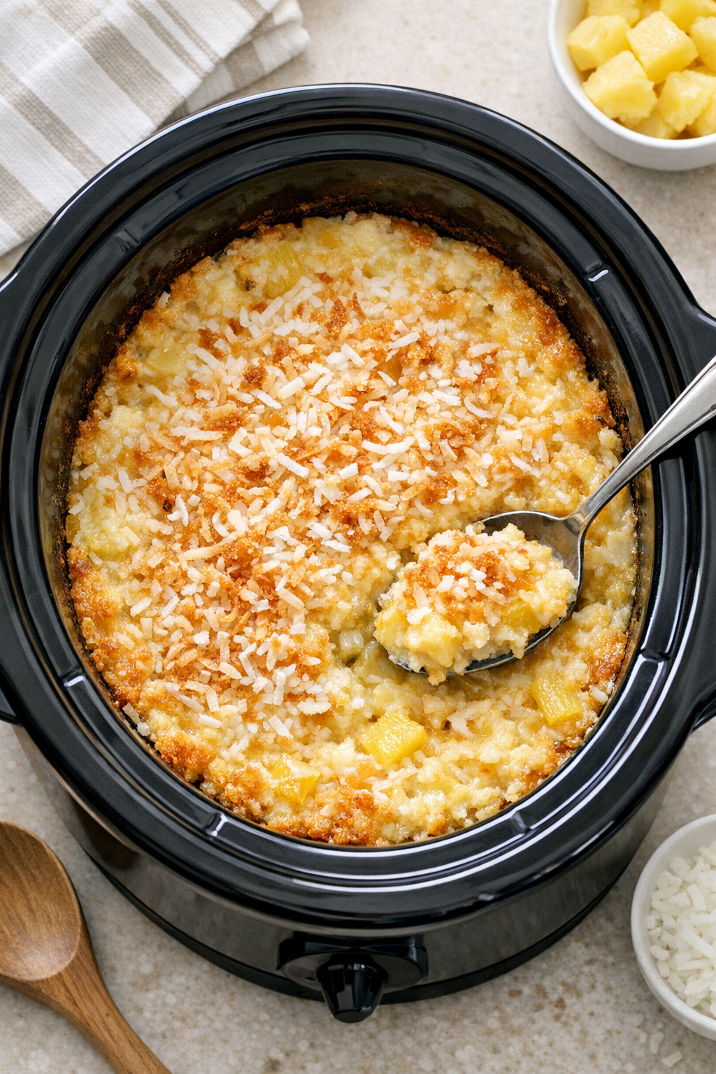 Finished pineapple coconut dessert in a slow cooker