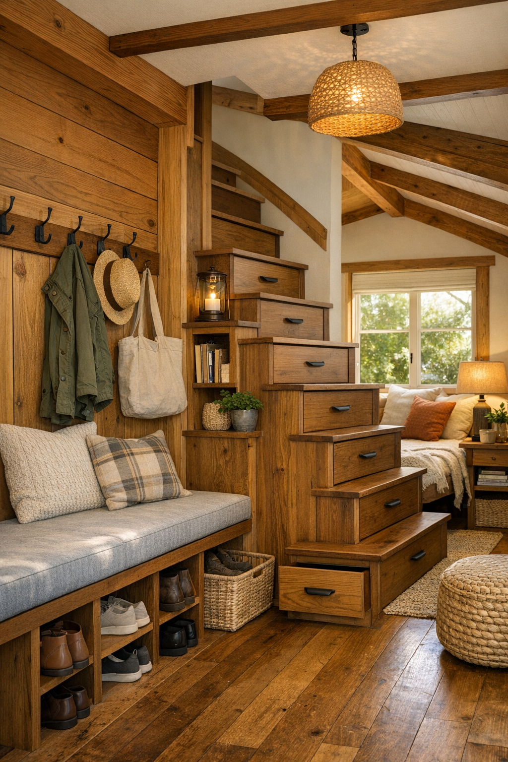 Tiny home entry and loft stair area with built-in storage, bench, and handcrafted woodwork