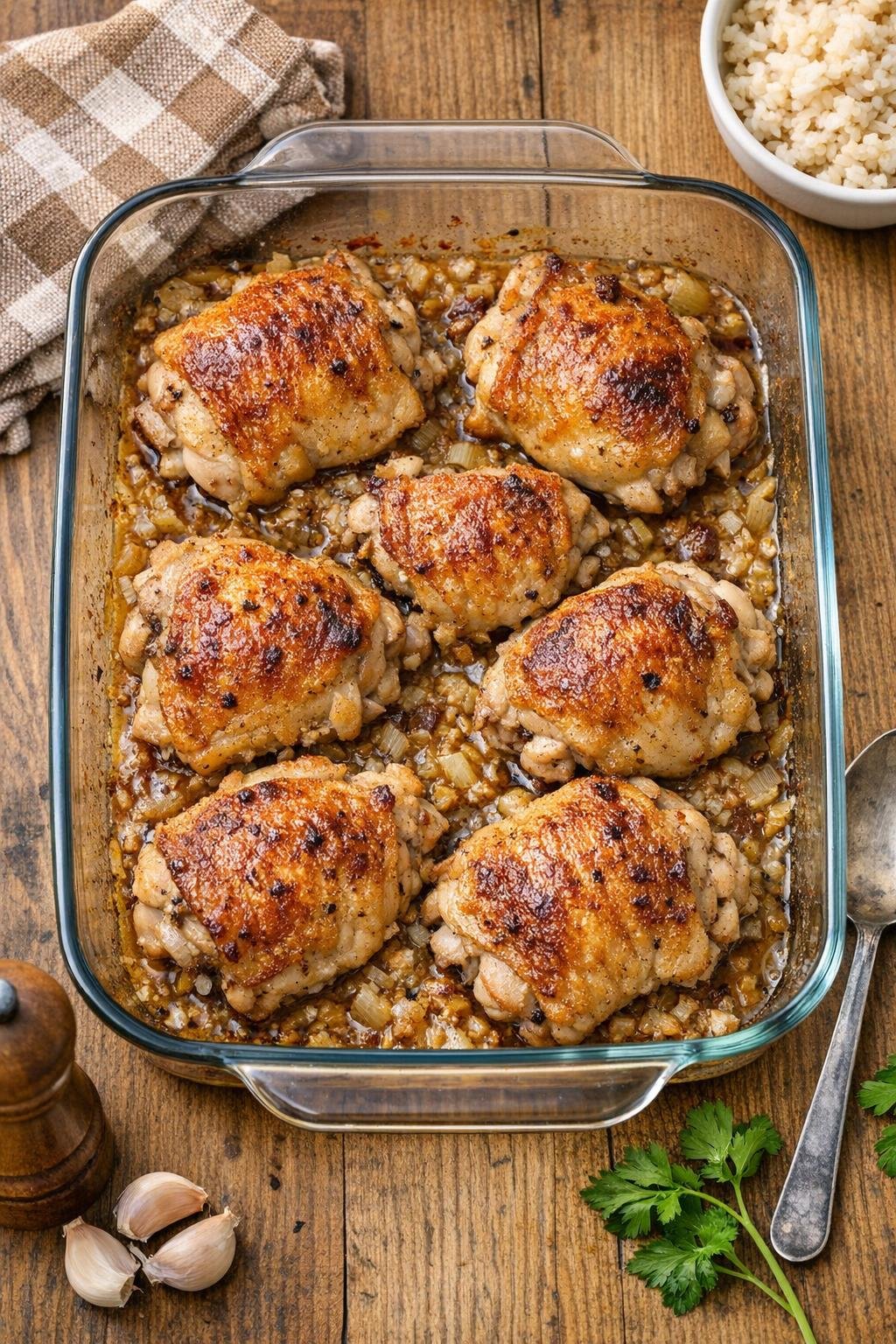 Baked chicken thighs in a glass casserole dish