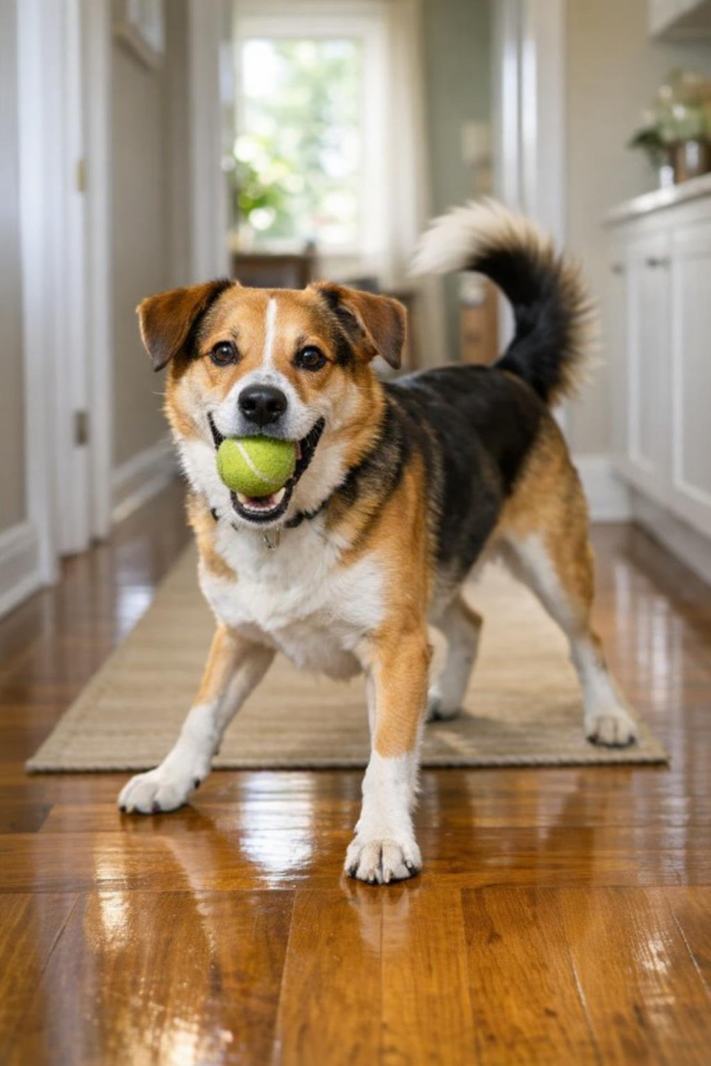 Dog with a ball ready to play indoors