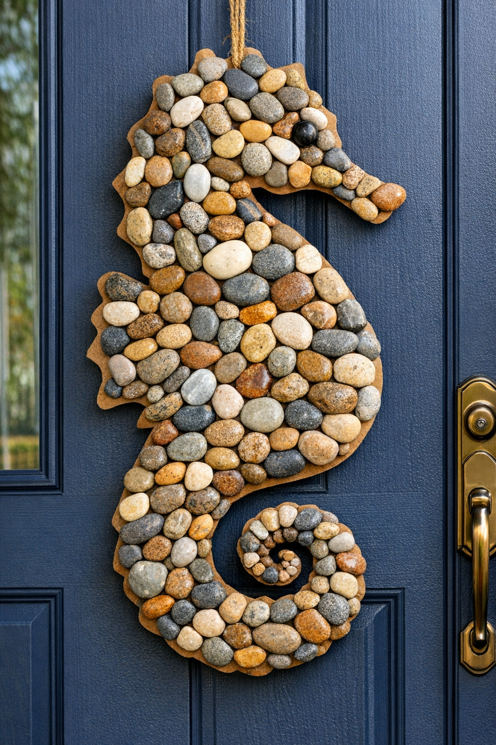 Finished giant coastal seahorse front door hanger made with river rocks