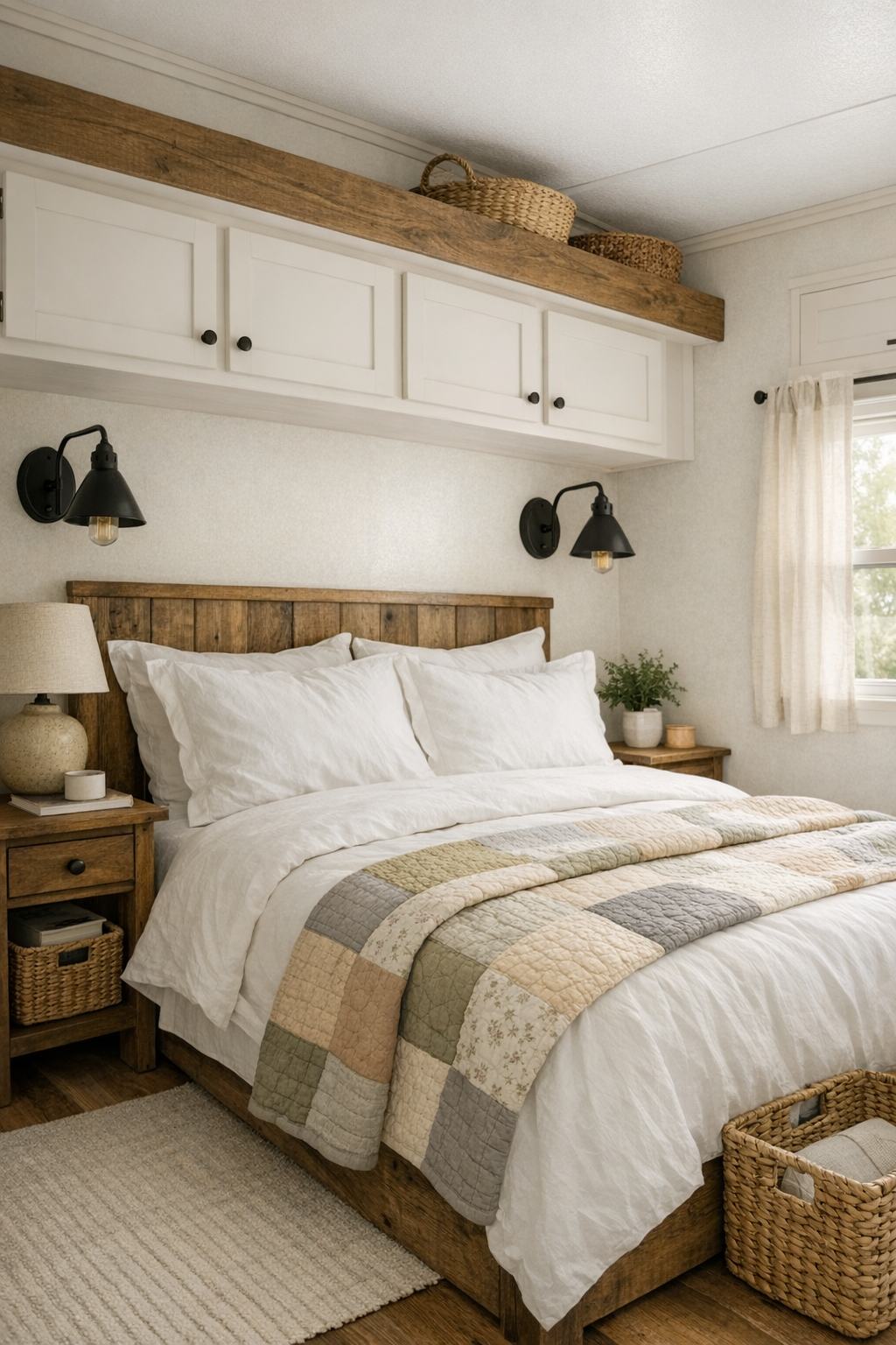 Cozy farmhouse bedroom with white bedding, soft textiles, and black metal accents