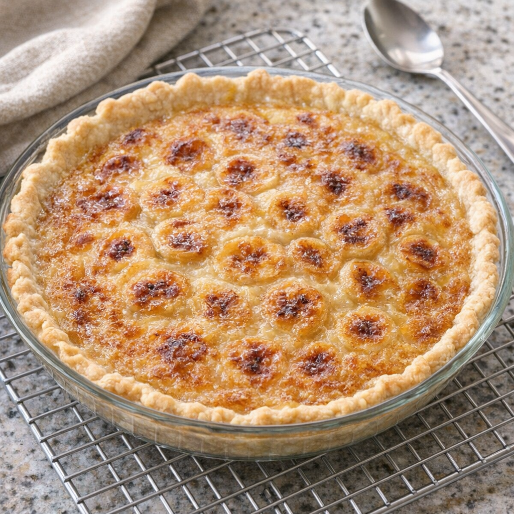 Freshly baked banana pudding cooling on a rack