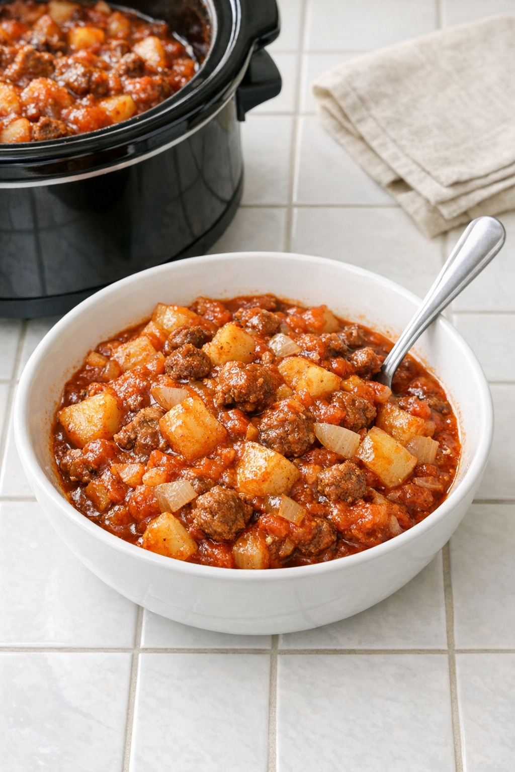 Finished slow cooker hash plated in a bowl