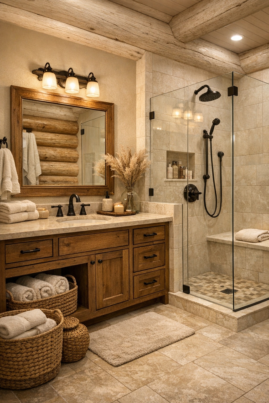 Rustic spa bathroom with wood vanity, stone surfaces, and glass shower