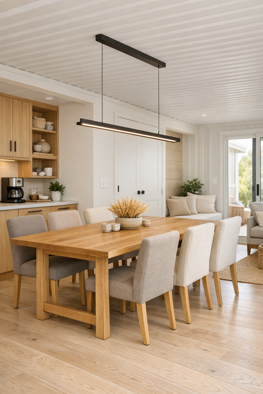 Open dining area with oak table and upholstered chairs in a warm container home