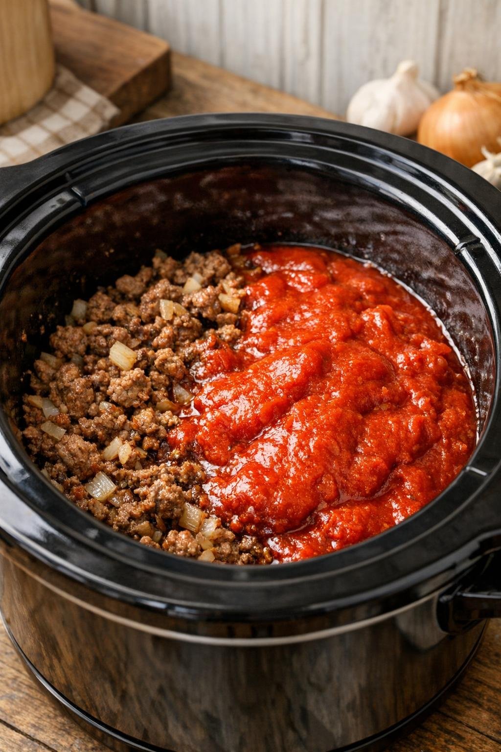 Beef mixture and tomato sauce in slow cooker