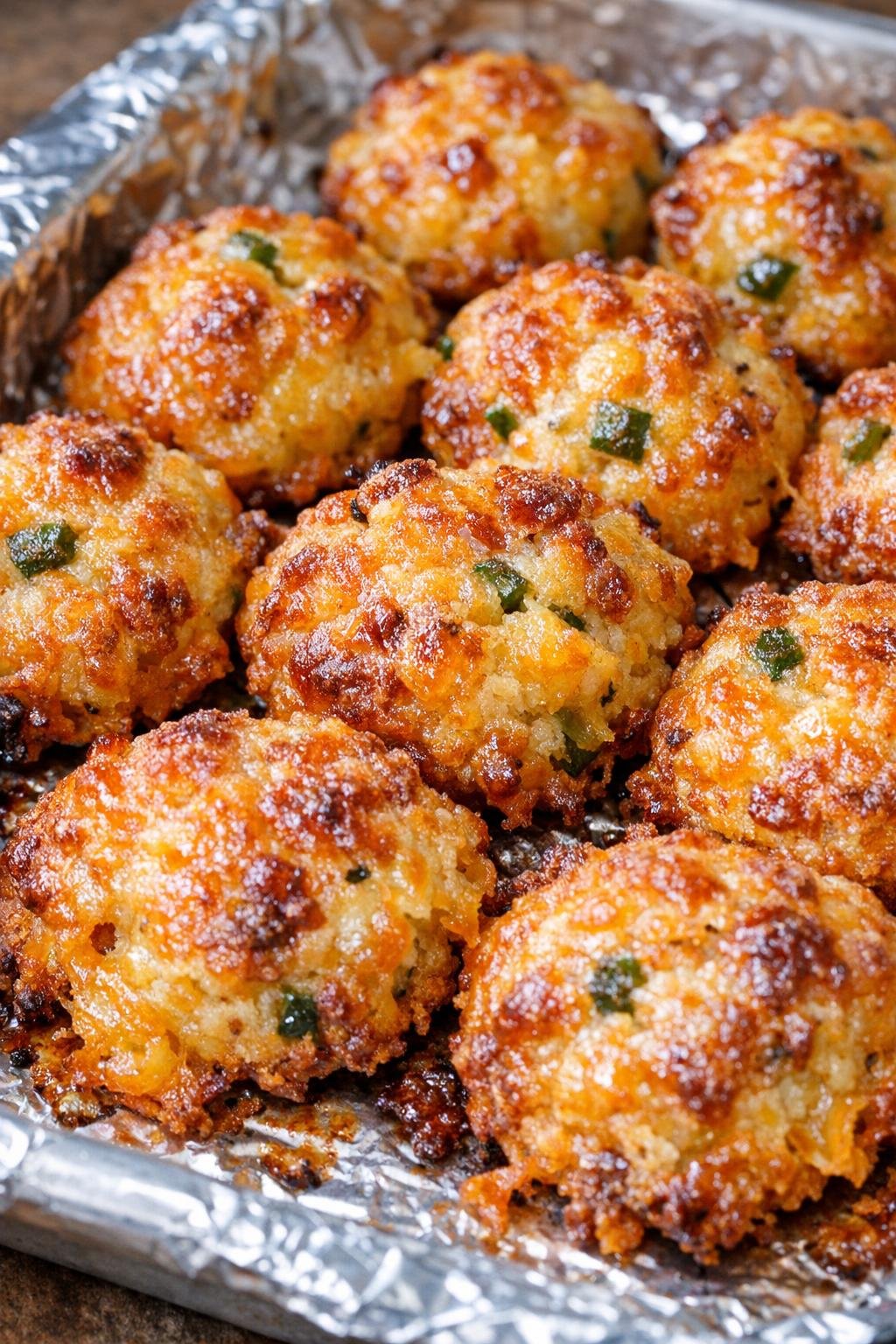 Southern 3-ingredient jalapeño cheddar bites on a foil-lined baking tray