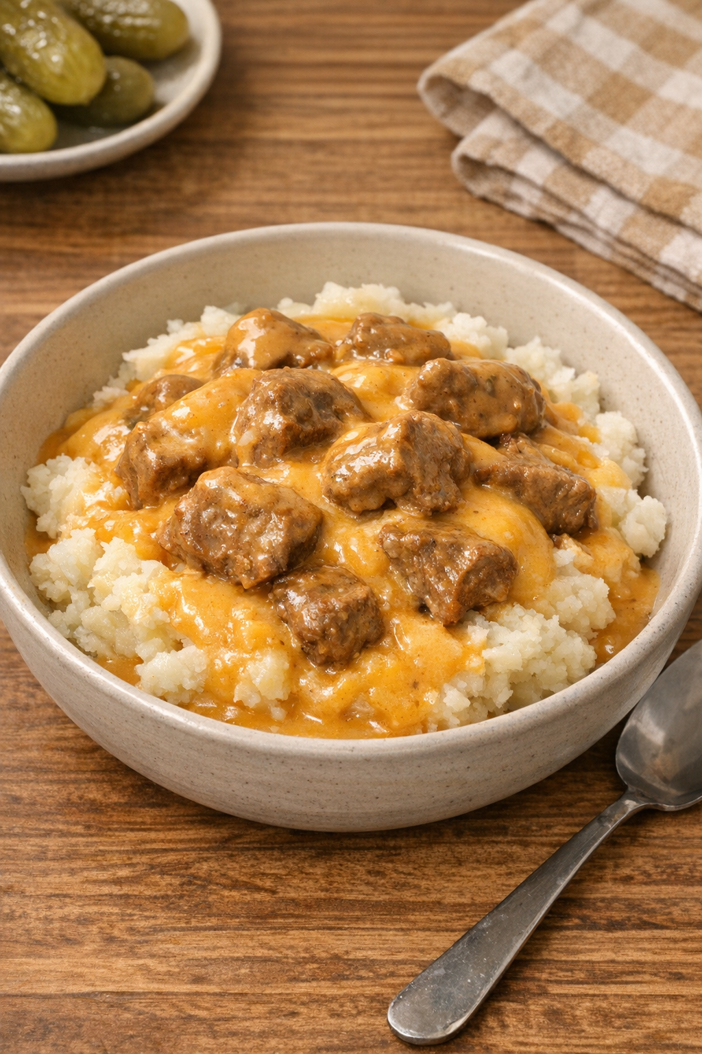 Finished slow cooker cheesy beef served over mashed potatoes