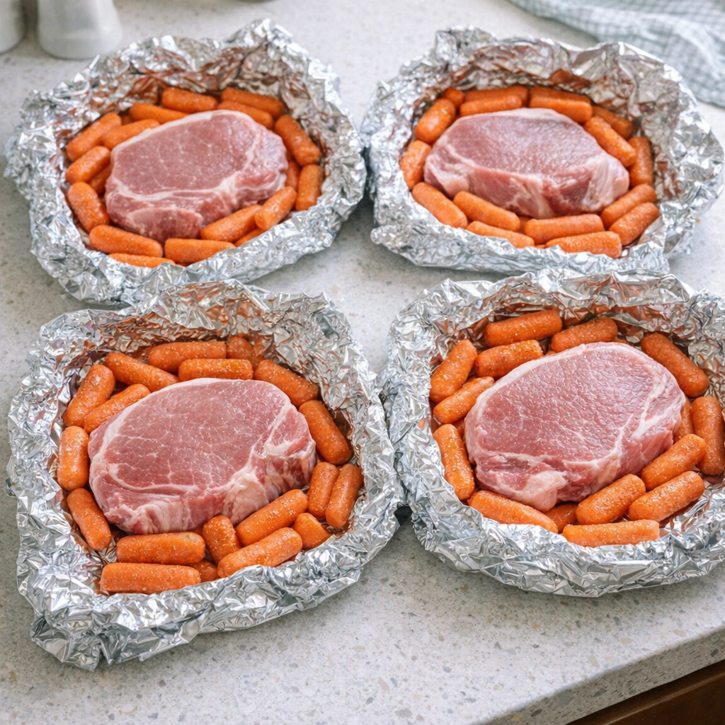 Pork chops and carrots arranged on foil squares before sealing