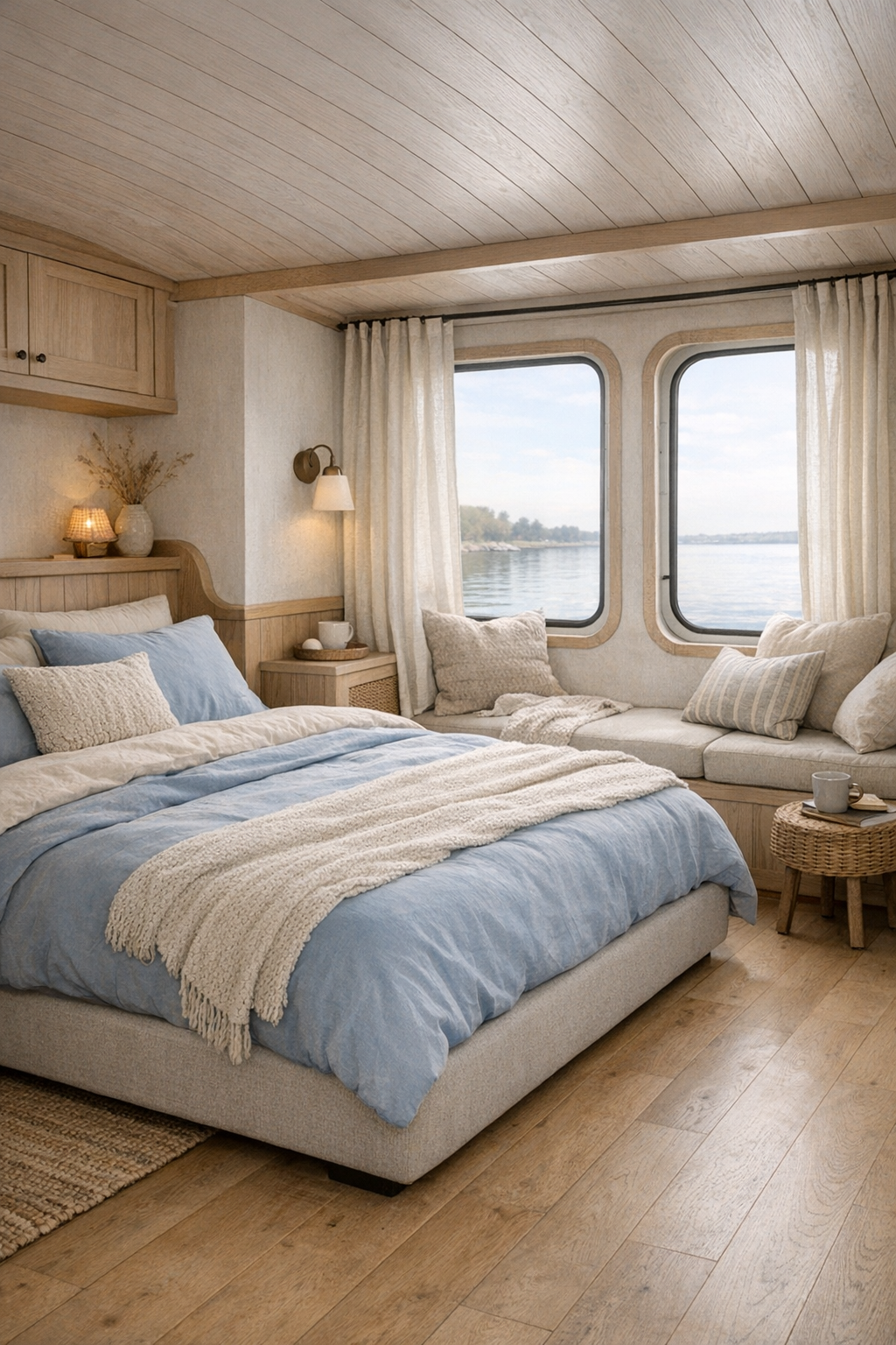 Serene coastal bedroom with soft blue tones and built-in storage