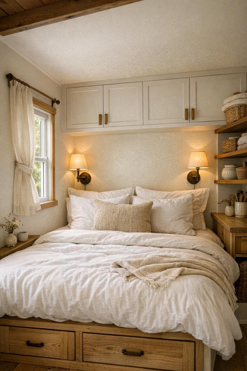 Serene tiny bedroom with layered white bedding, soft neutral walls, and efficient built-in storage
