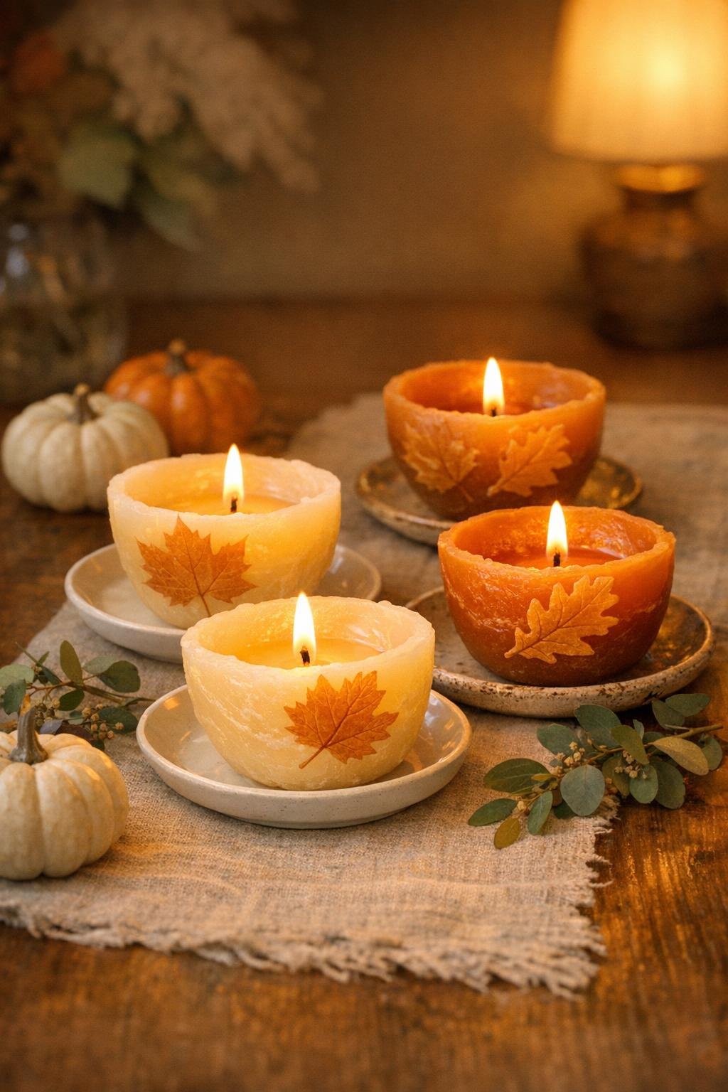 Finished layered candle wax harvest bowls displayed on a fall table