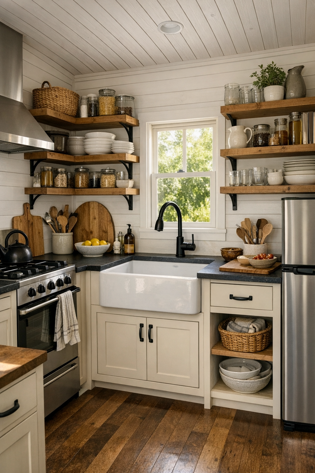 Handcrafted tiny home kitchen with cream cabinets, wood shelving, farmhouse sink, and soapstone counters