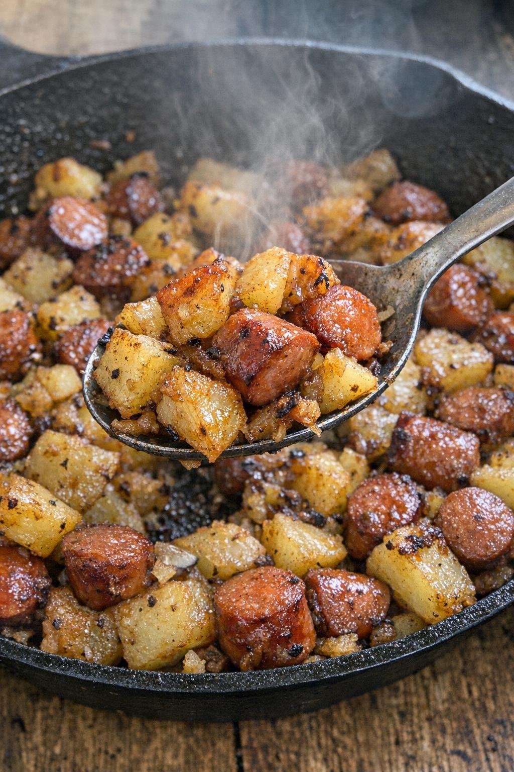 Crispy browned hot dogs and golden fried potatoes in a cast iron skillet