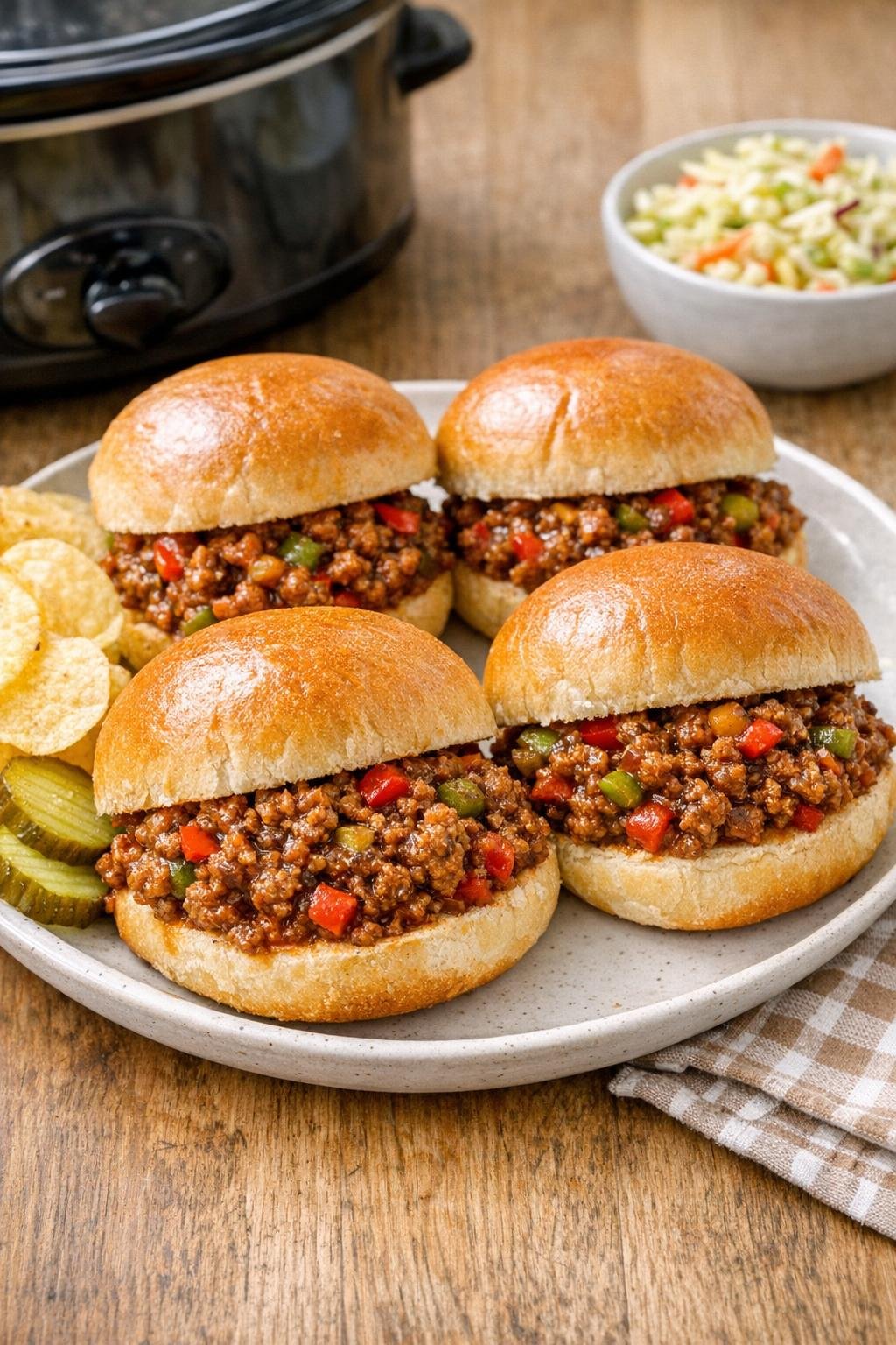 Finished slow cooker beef served on slider buns