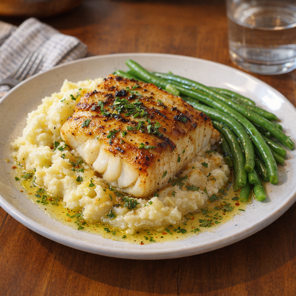 Seared cod dinner on a weeknight table