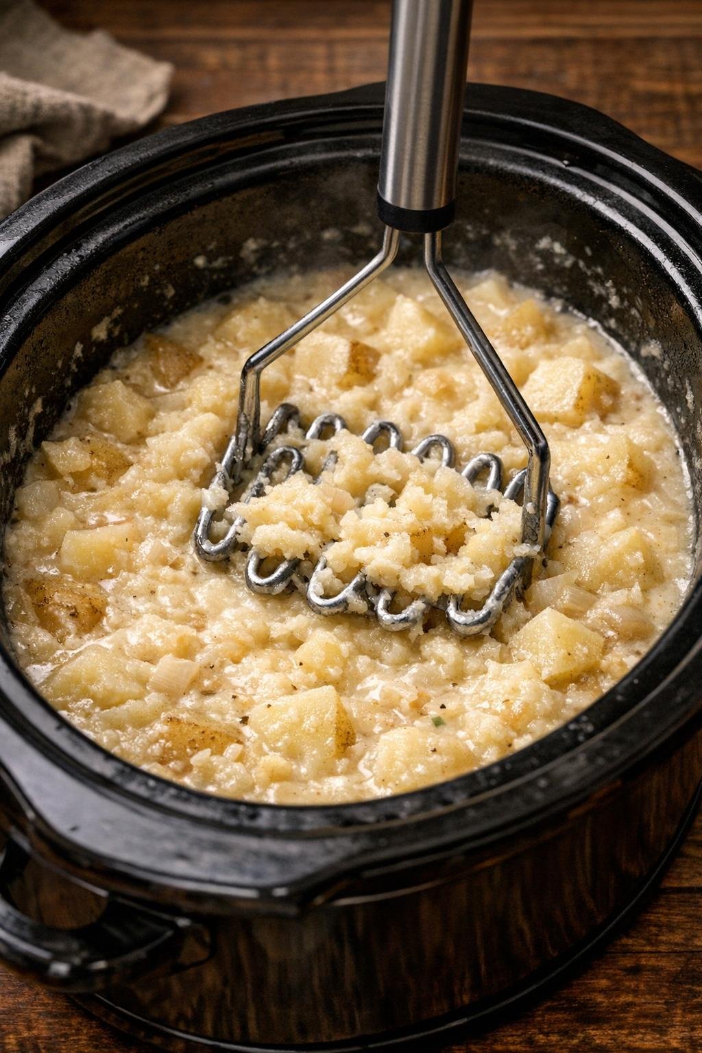 Malse aardappelen worden gepureerd in de slowcooker.