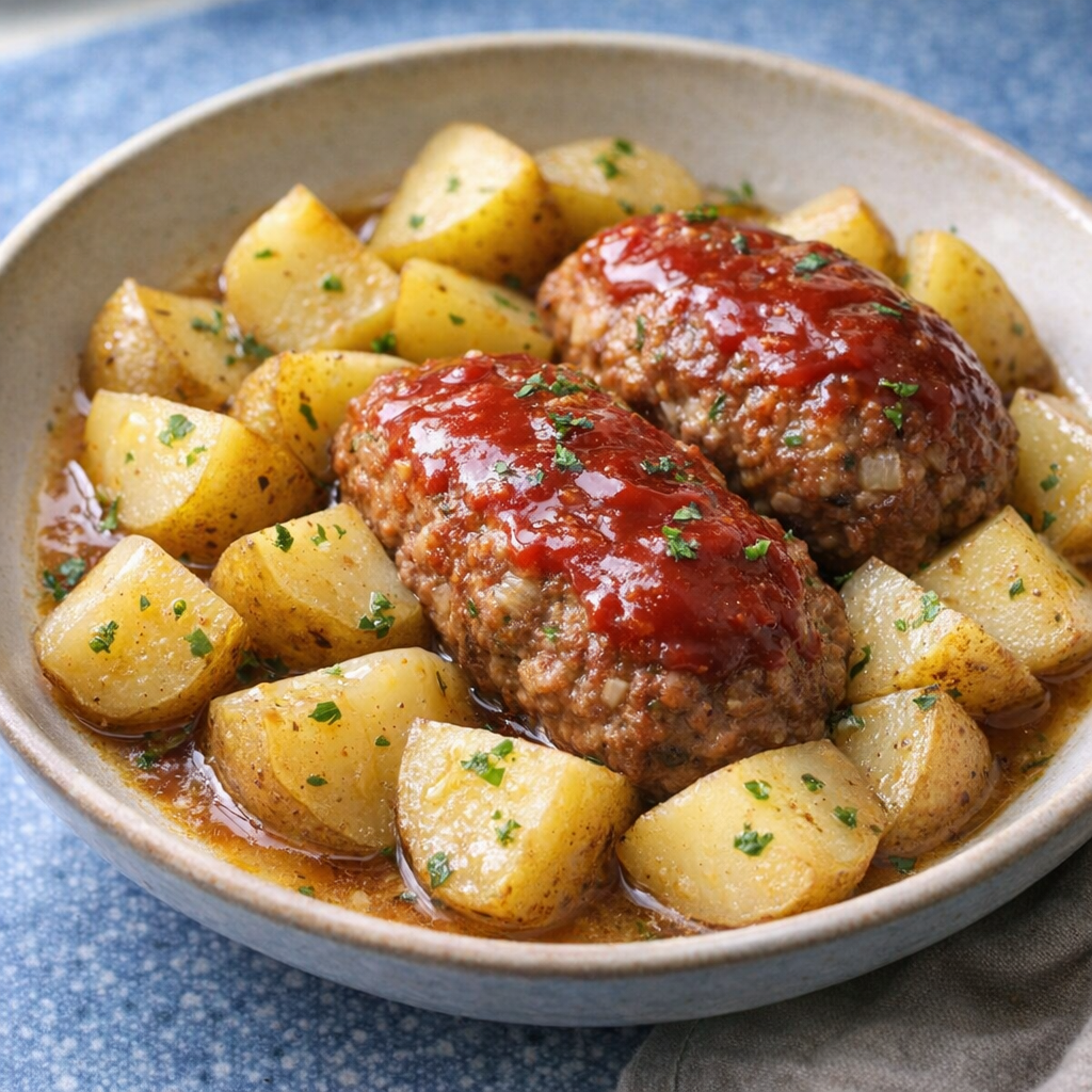 Slow cooker meatloaf and potatoes served in a shallow bowl