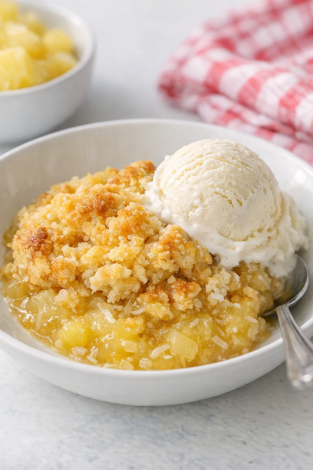 Plated serving of warm pina colada dump cake with vanilla ice cream