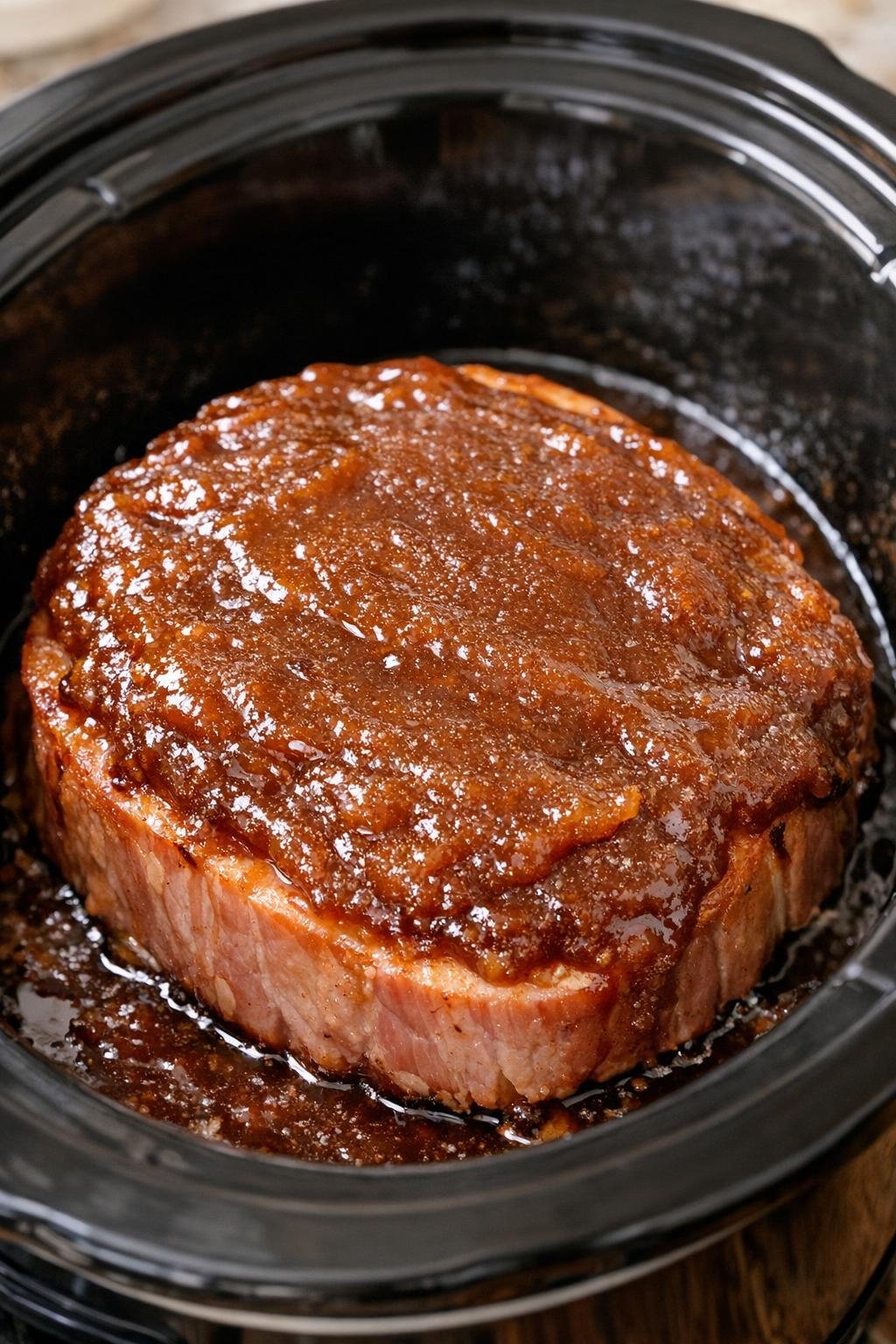 Apple butter spread over ham steak
