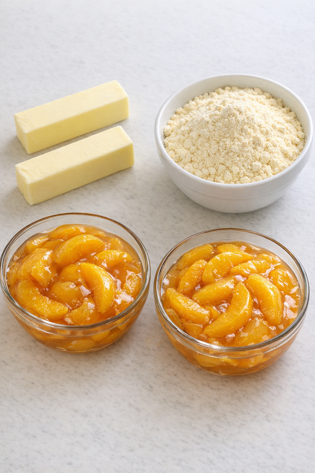 Butter, cake mix, and peach pie filling ingredients
