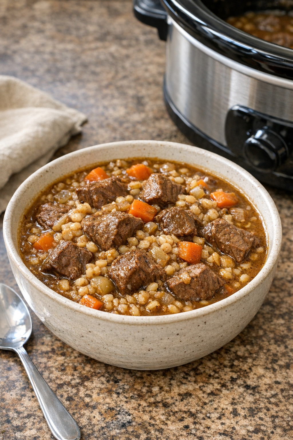 Finished slow cooker beef and barley stew in a bowl