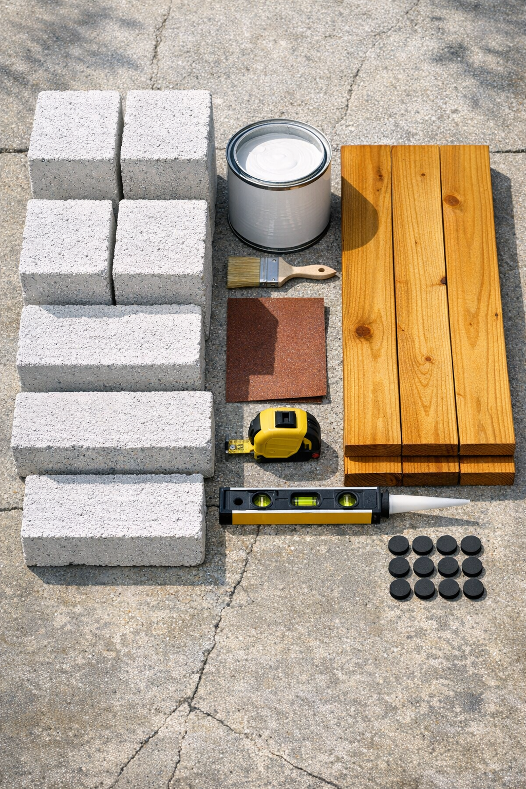 Concrete blocks, stained pine planks, paint, and patio building supplies laid out together