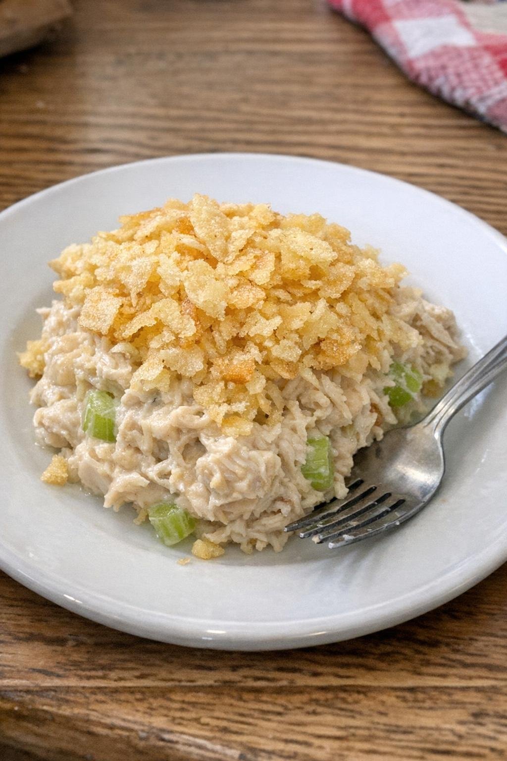 Single serving of hot chicken salad on a white plate