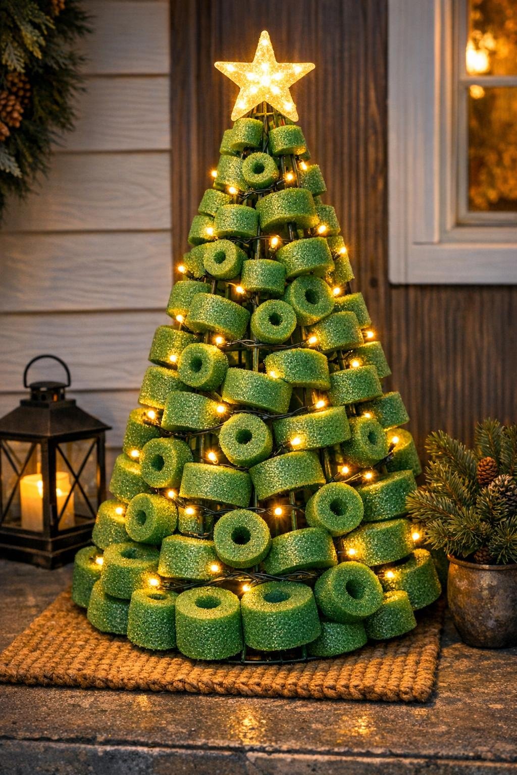 Finished pool noodle porch tree glowing on a front porch