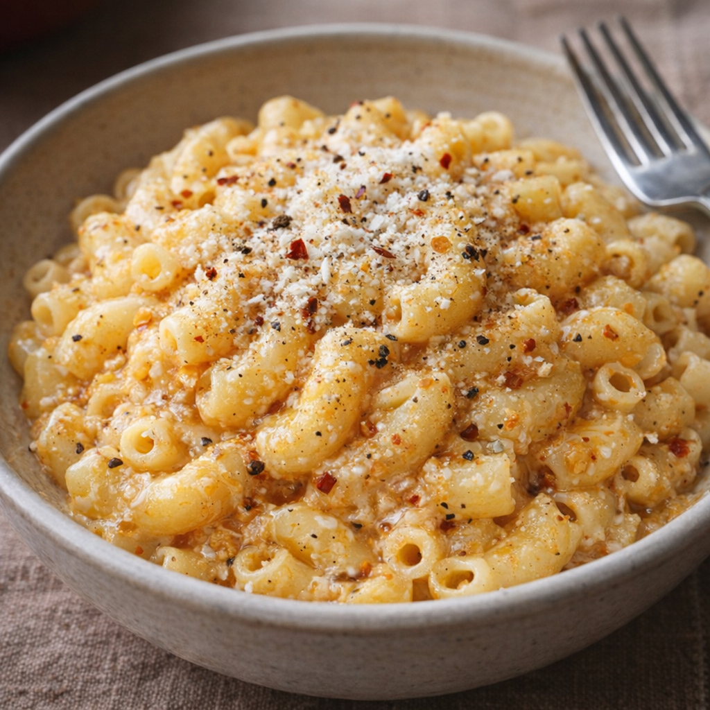 Serving of baked zesty Italian macaroni in a bowl with Parmesan on top