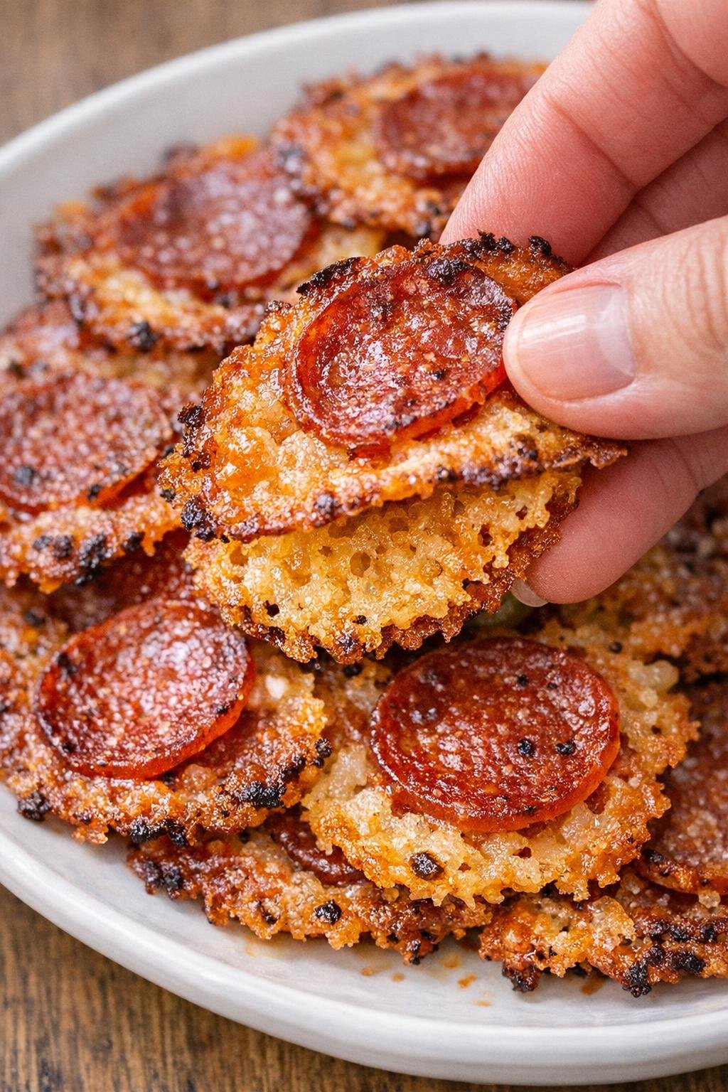 Low carb pepperoni bradford crisps on a serving platter