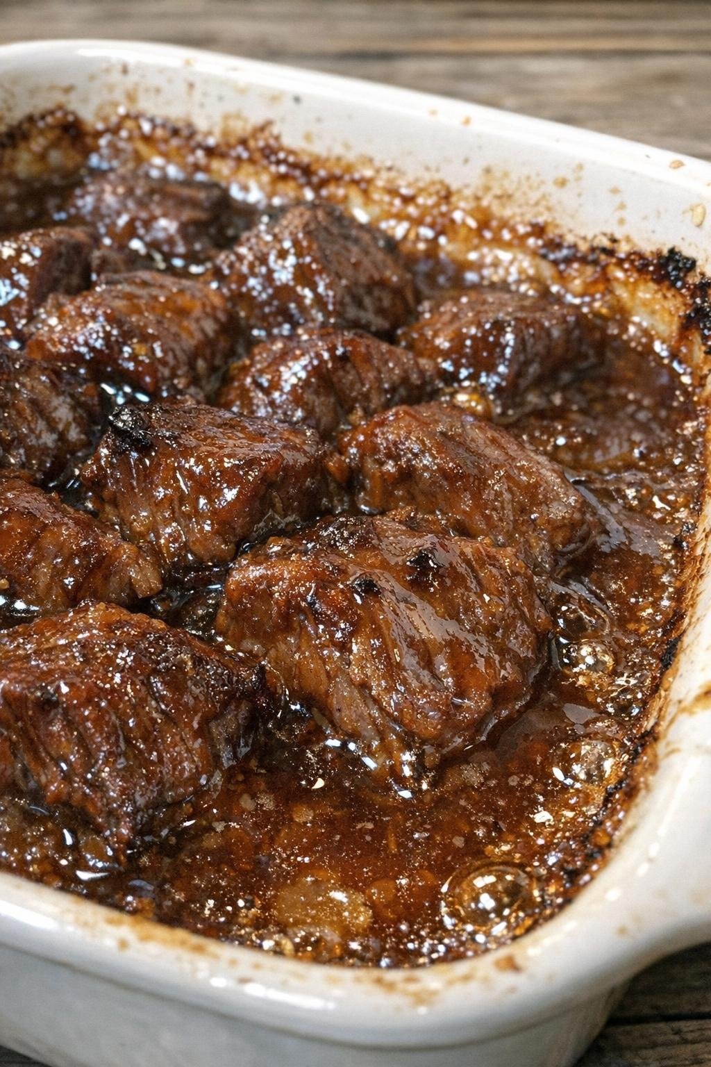 Finished beef casserole with glossy amber glaze