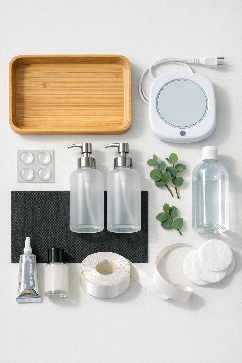 Materials laid out for a bathroom lotion warmer project