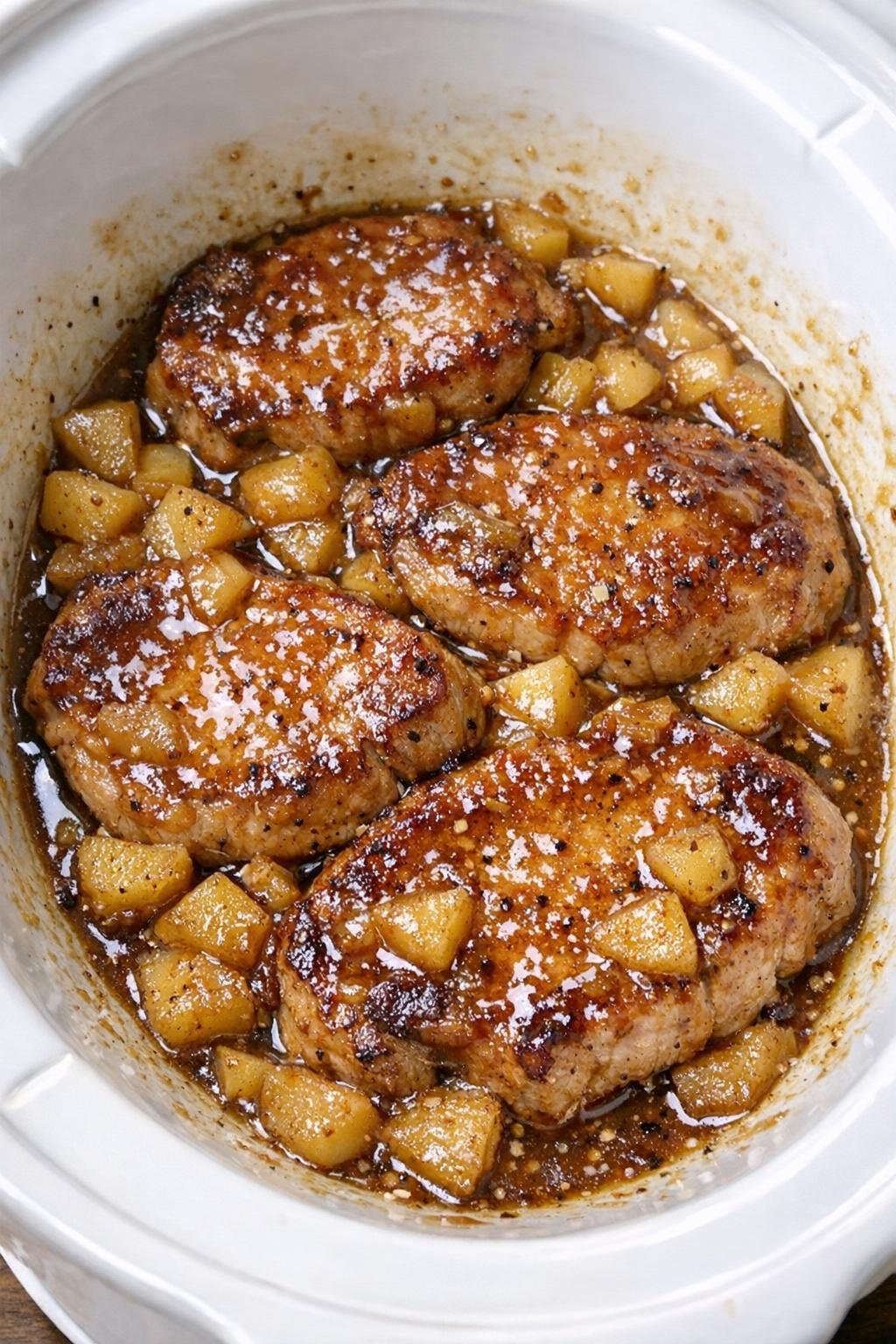 Slow cooker apple mustard pork chops in a white slow cooker