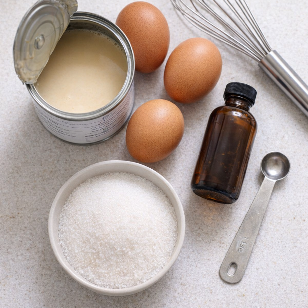 Simple custard ingredients arranged on a kitchen counter