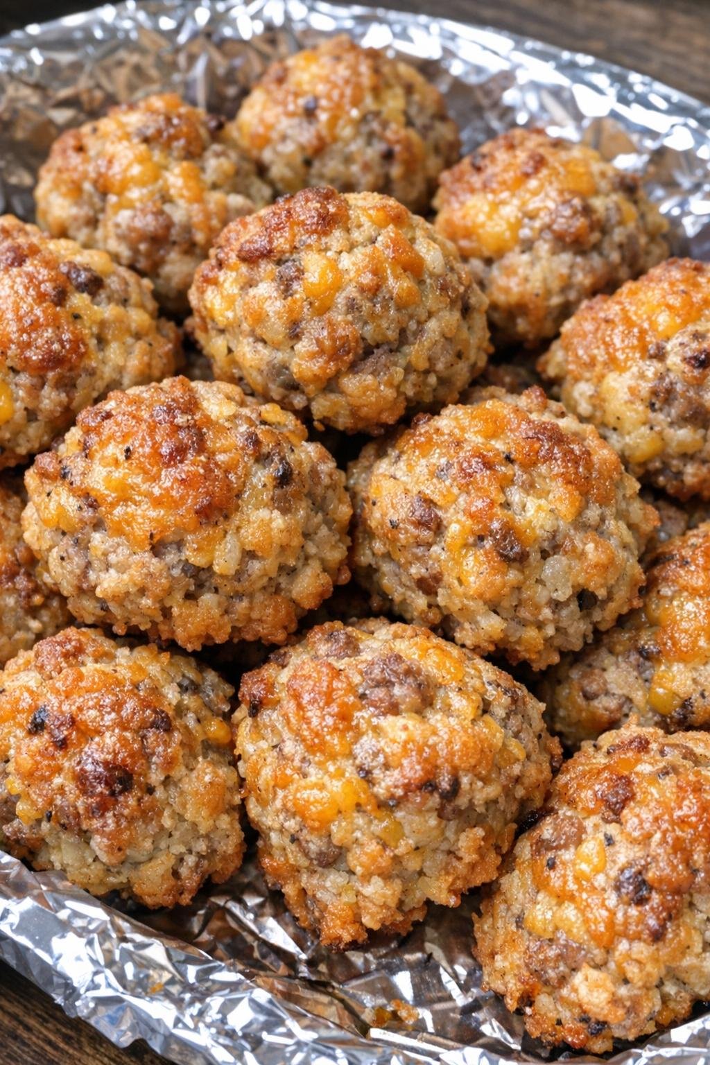3-ingredient sausage balls on a foil-lined platter