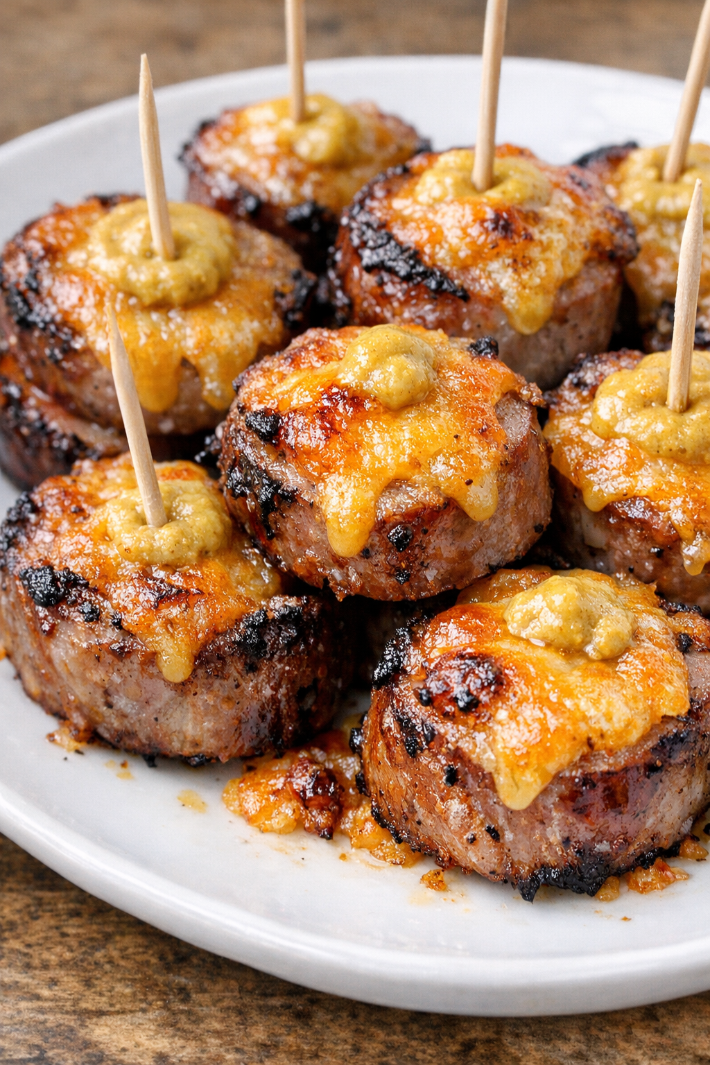 Low carb cheddar bratwurst bites on a white plate