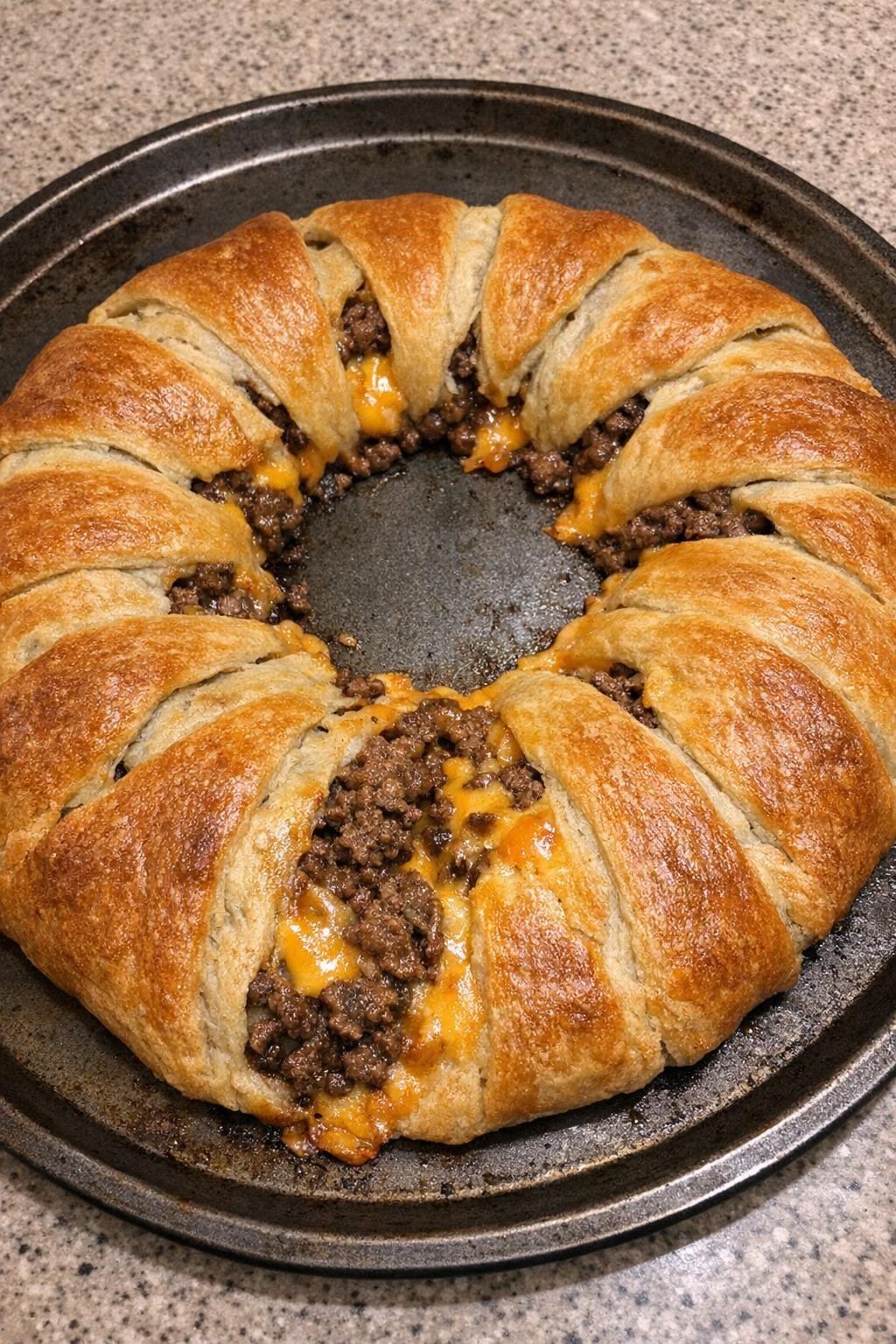 Finished beef crescent ring with golden crust