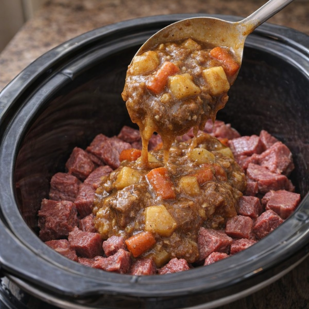 Raw beef and canned stew being added to a slow cooker