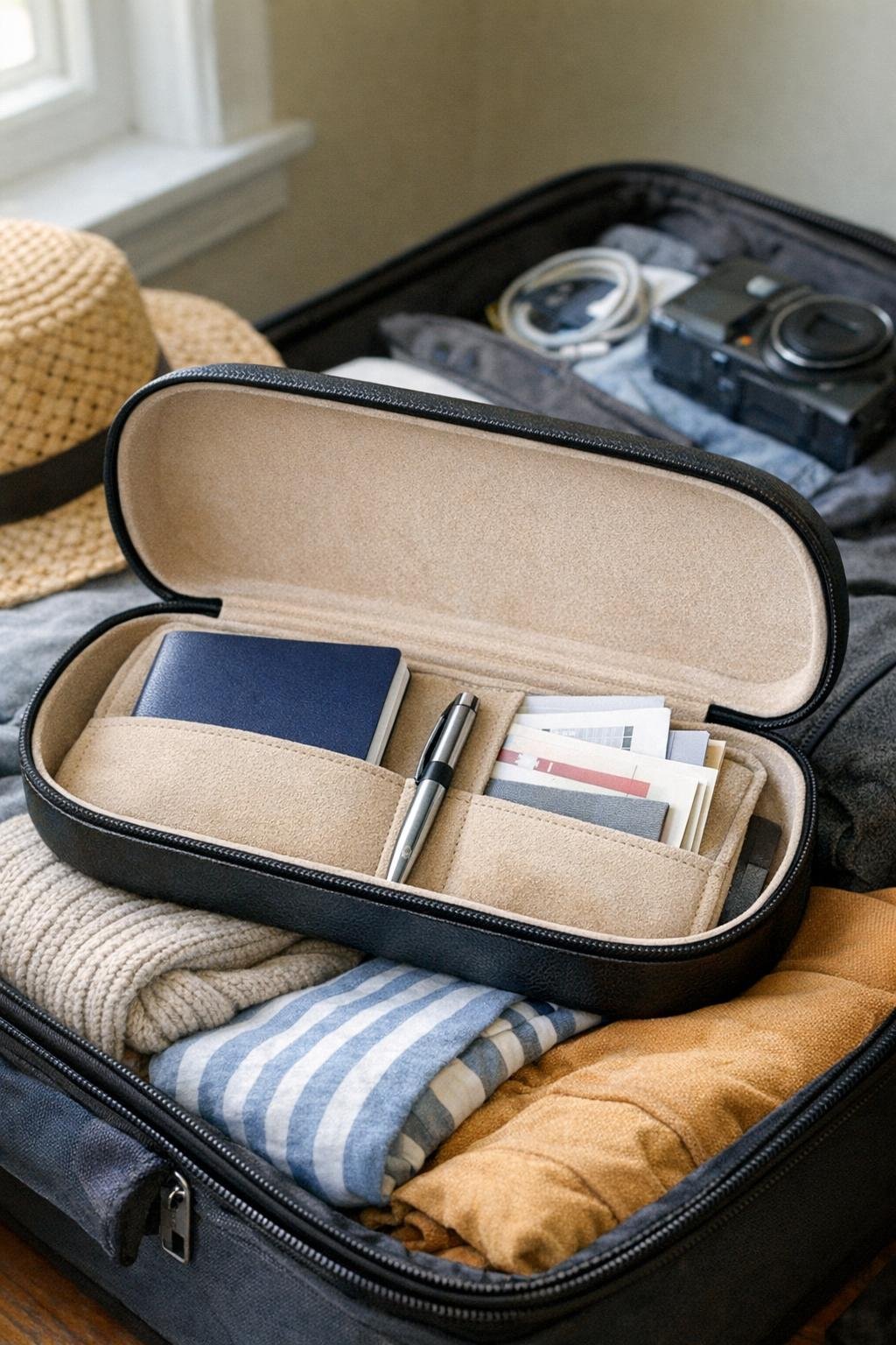 Eyeglass case repurposed as a small travel wallet