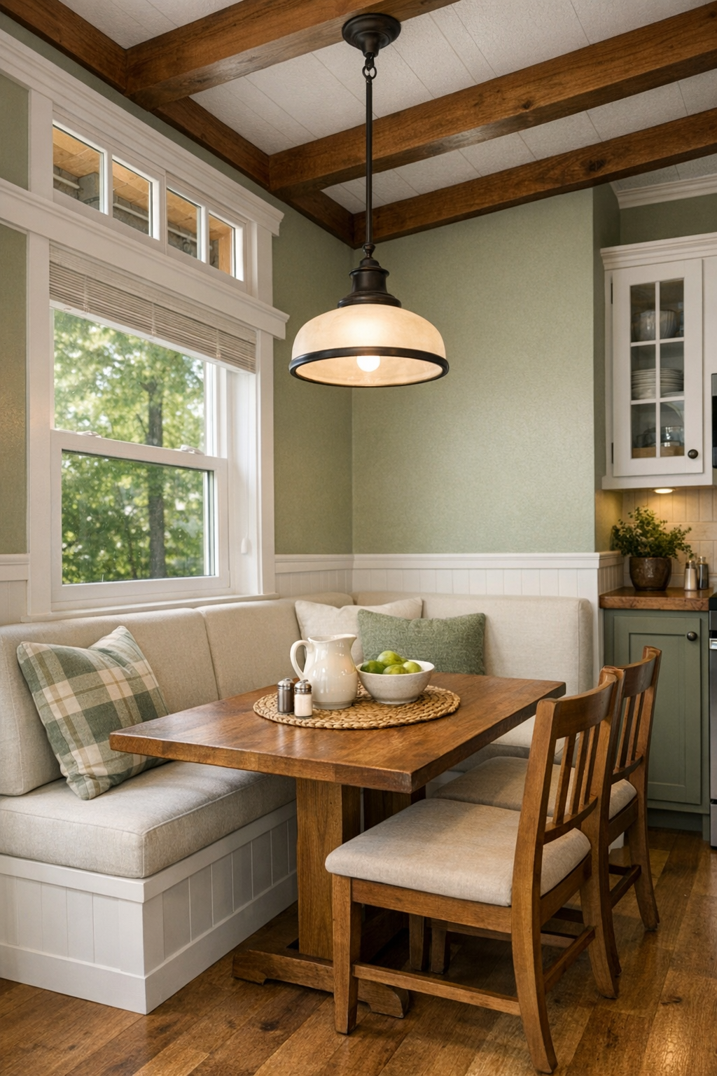 Cozy small dining area with a craftsman table, window light, warm wood finishes, and a simple pendant