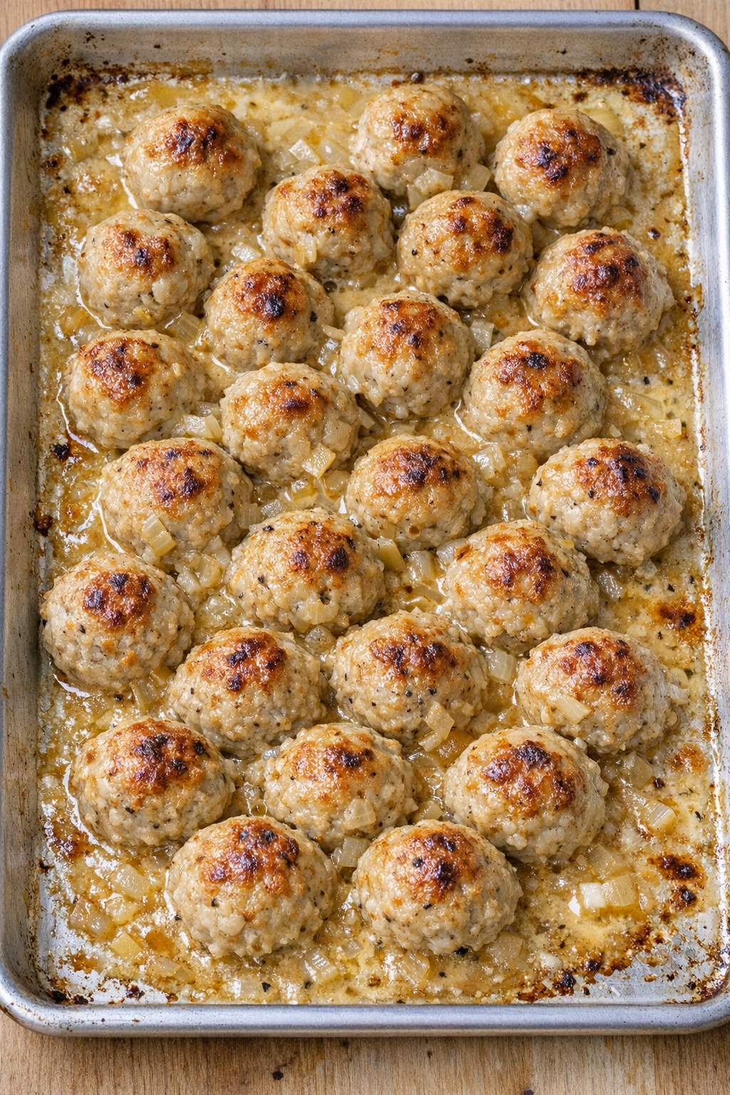 Baked chicken meatballs in creamy golden sauce on a sheet pan