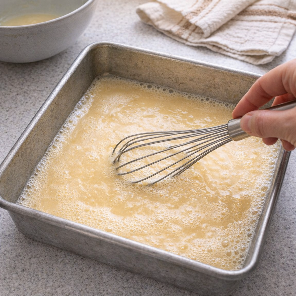 Custard mixture being whisked in the baking pan