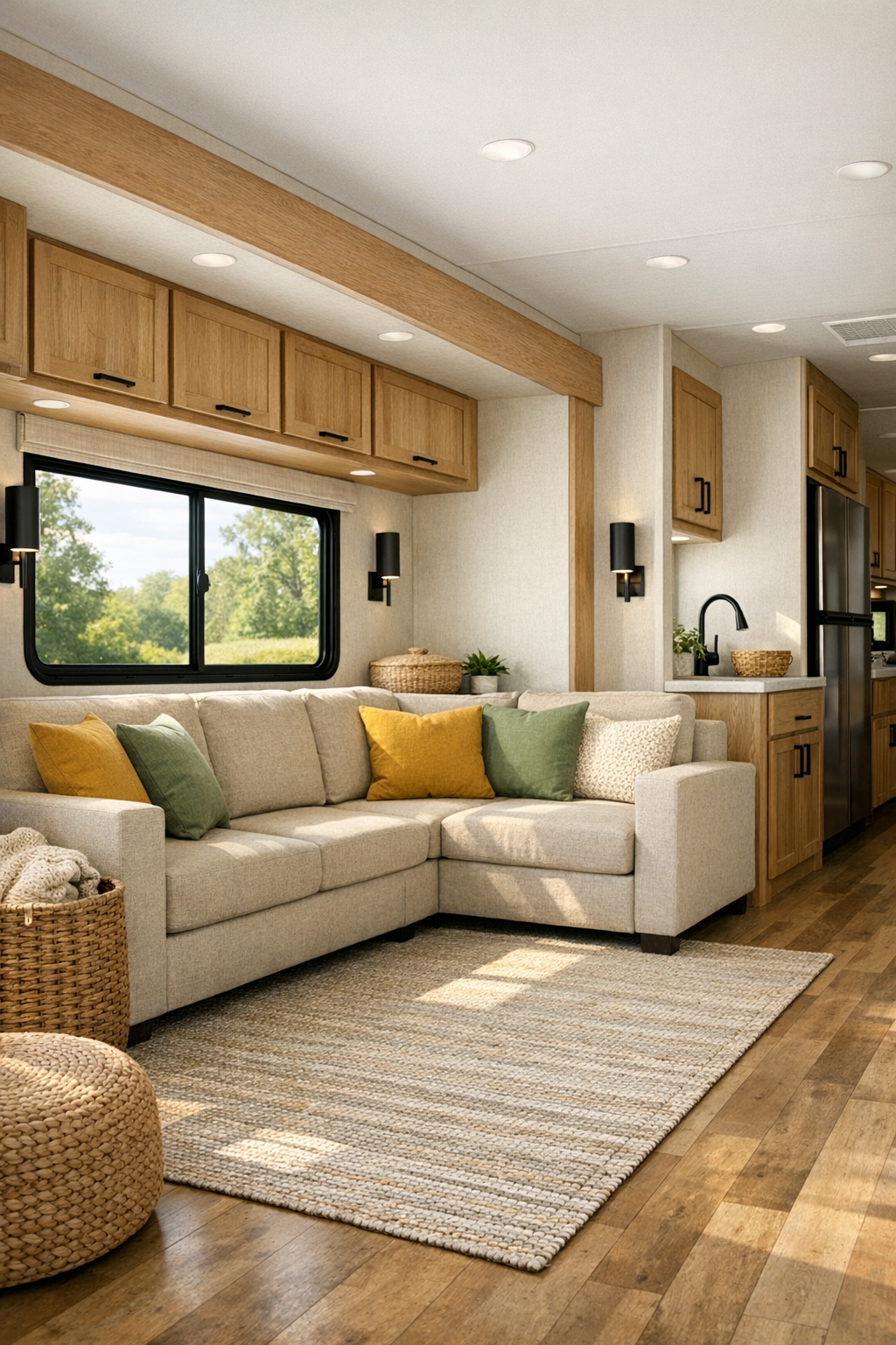 Bright accessible RV living room with oatmeal sofa and light oak cabinetry