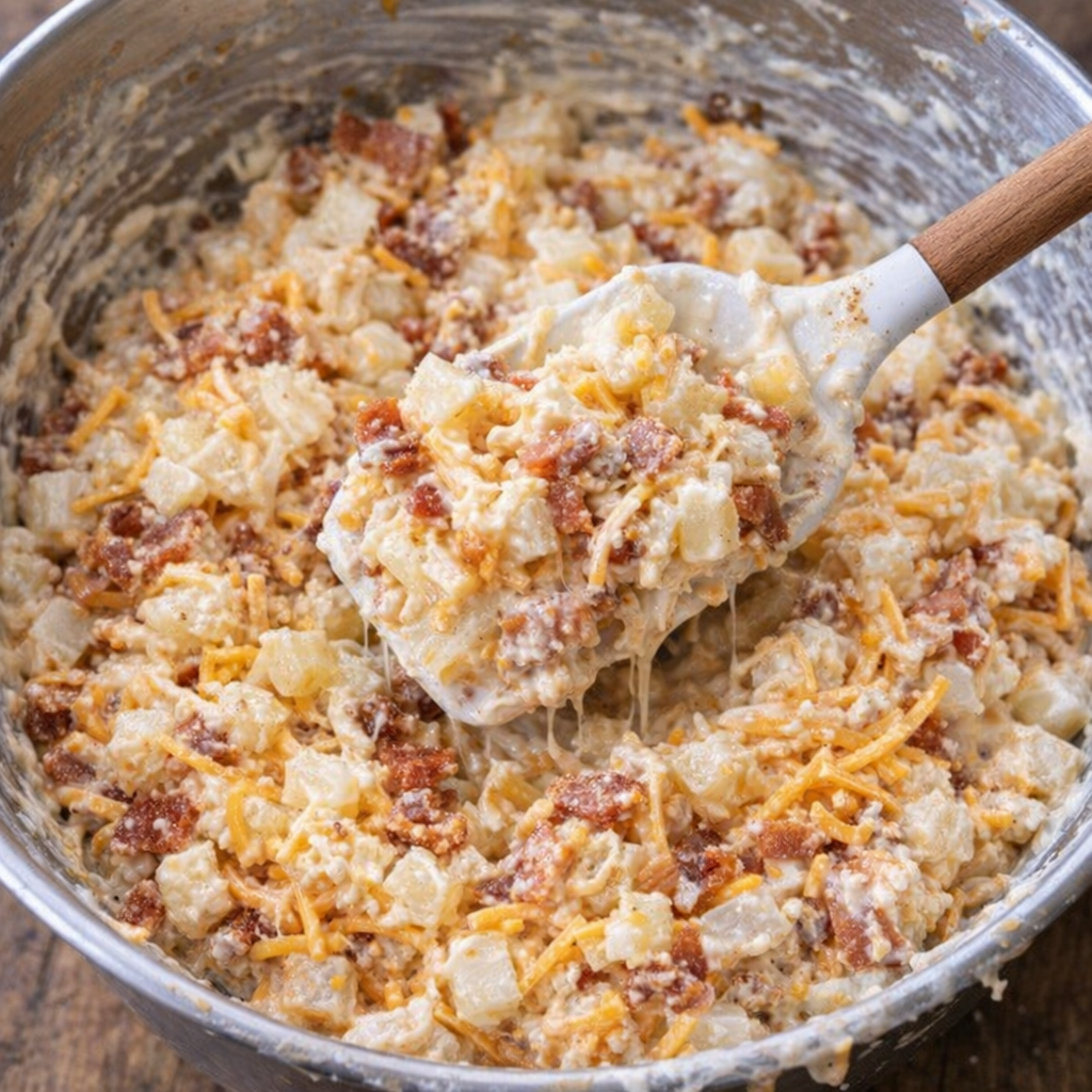 Creamy potato mixture being stirred in a large mixing bowl