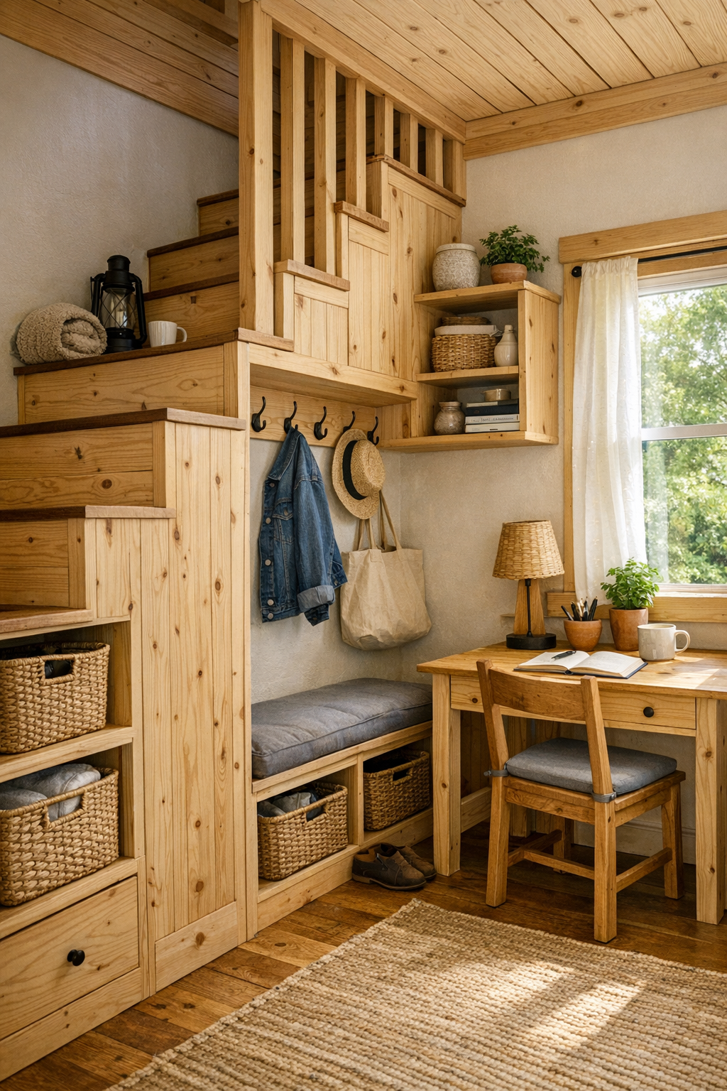 Tiny home loft and storage nook with natural pine built-ins, a bench, hooks, and a small desk by the window